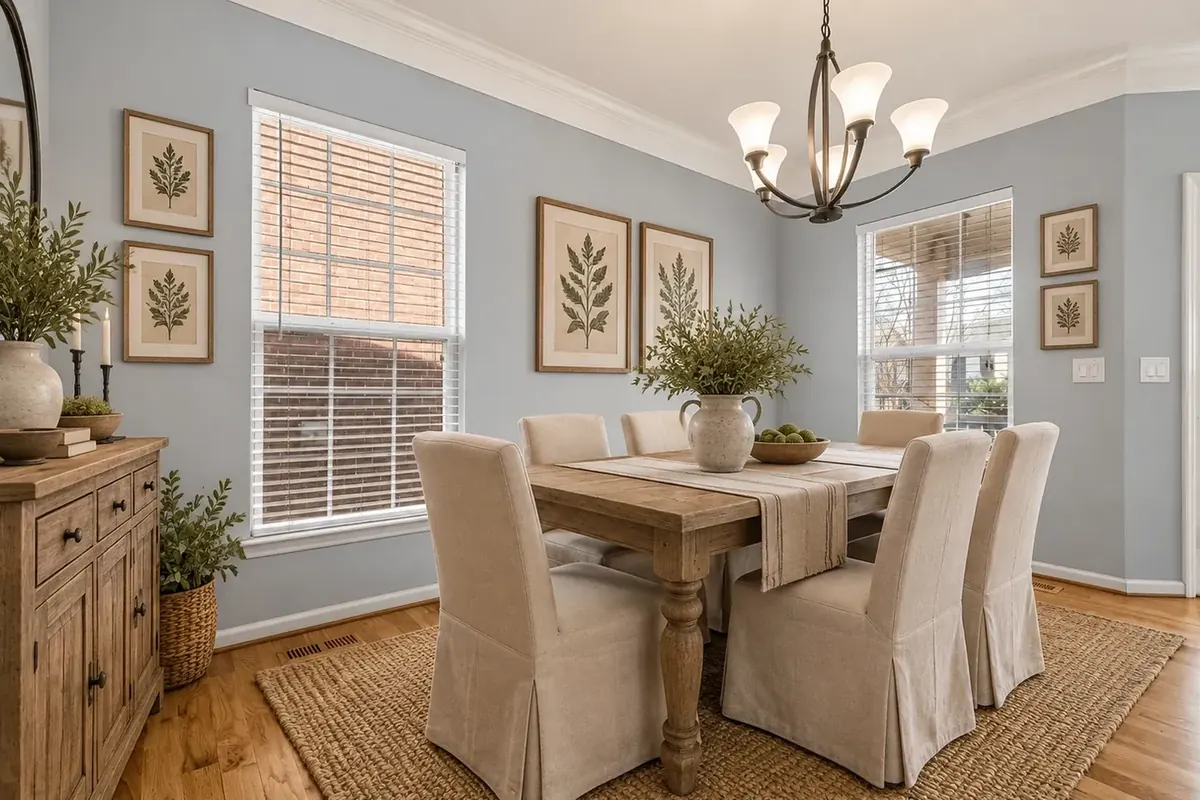 A dining room, staged in the farmhouse style