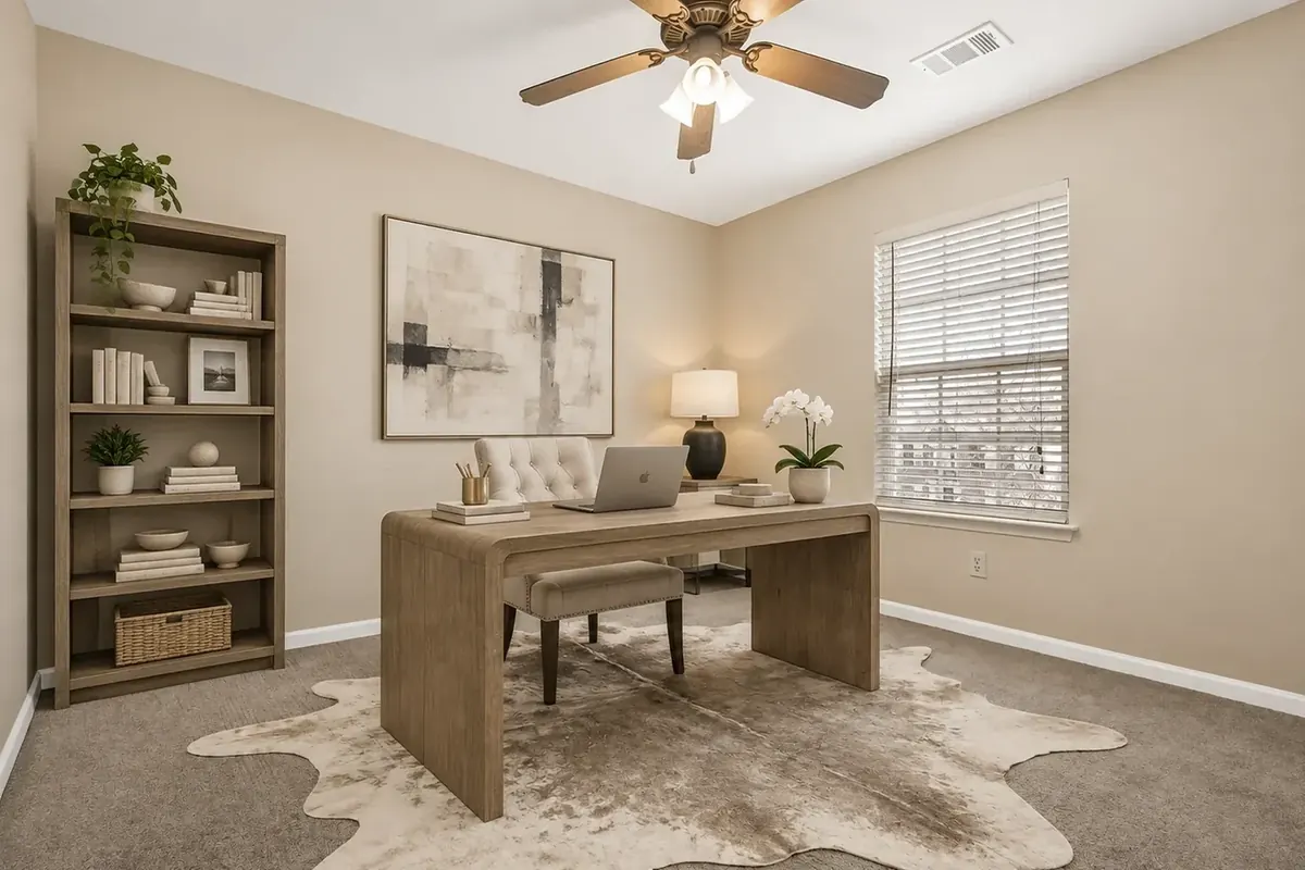 An office, staged in the transitional style